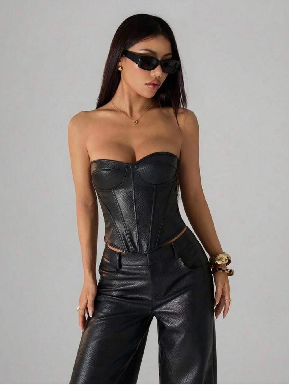 Shein Petite XXS Women's Faux Leather Corset Black Strapless Crop Top Backless